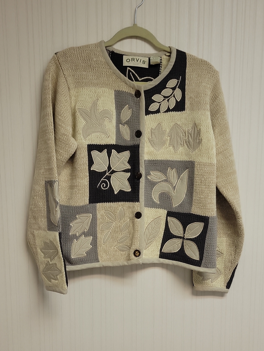 Orvis Cream & Gray Leaf Patchwork Cardigan Small Fall Grandma Cottagecore